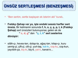 “ Ben sertim, sertle başlayan ek isterim abi” kuralı . Fıstıkçı Şahap var ya, işte ondaki sessiz harfler sert ünsüz.  Bir kelimenin sonunda  f, h, s, ç, ş, p, t, k (Fıstıkçı Şahap)  sert ünsüzleri bulunuyorsa; gelen ek de  “  c, d, g ”  den  “ ç, t, k ” sert seslerine dönüşür:  silâh-çı, heves-ten, dolap-ta, ağaç-tan, kitap-çı, kuru yemiş-çi, çift-çi, cilt-çi, yurt-taş,  kat-kı ,  coş-ku , coş-kun, yayıldık-ça,  biç-ki , biç-ti,  yat-tı , kanat-tı...  ÜNSÜZ SERTLEŞMESİ (BENZEŞMESİ)   