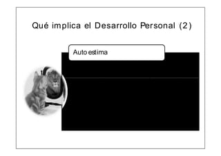 Qué im plica el Desarrollo Personal (2 )


          Auto estima

          • Es dignidad y capacidad.
            Valorarse a si m ism o, es la
            única m anera de atraer la
            valoración de los demás .
          • Nadie puede com prenderte ,
            am arte o valorarte más que t u.
            “Quien no cree en si m ism o no
            merece t riunfar"
 