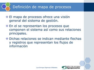 IntroducciónRevisados los aspectos de lo que significa un proceso, las partes o elementos que componen un proceso, es necesario ahora conocer como interconectarlos hasta conformar un mapa de procesos.Luis Enrique Espinoza Villalobos