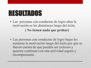 RESULTADOS
• Las personas con conductas de logro altas la
motivación se les disminuye luego del éxito.
( No tienen nada que probar)
• Las personas con conductas de logro bajas les
aumenta la motivación luego del éxito por que se
dieron cuenta de que pueden ser exitosos y
quieren continuar con una actividad segura y
recompensante.
 