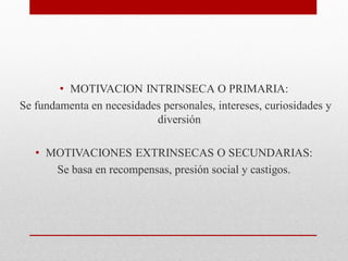 • MOTIVACION INTRINSECA O PRIMARIA:
Se fundamenta en necesidades personales, intereses, curiosidades y
diversión
• MOTIVACIONES EXTRINSECAS O SECUNDARIAS:
Se basa en recompensas, presión social y castigos.
 