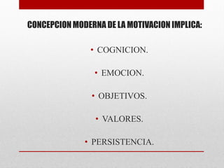 CONCEPCION MODERNA DE LA MOTIVACION IMPLICA:
• COGNICION.
• EMOCION.
• OBJETIVOS.
• VALORES.
• PERSISTENCIA.
 