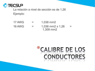 La relación a nivel de sección es de 1,26
Ejemplo:

17 AWG        =       1,038 mm2
16 AWG        =       1,038 mm2 x 1,26      =
                       1,309 mm2




                  *
 
