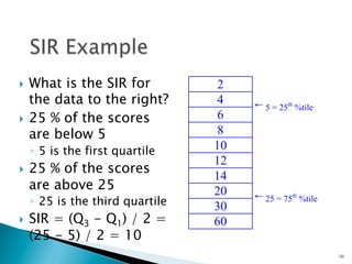 }  What is the SIR for             2
    the data to the right?          4    ← 5 = 25th %tile
}  25 % of the scores              6
    are below 5                     8
      ◦  5 is the first quartile    10
                                    12
}    25 % of the scores
                                    14
      are above 25                  20
      ◦  25 is the third quartile
                                         ← 25 = 75th %tile
                                    30
}    SIR = (Q3 - Q1) / 2 =         60
      (25 - 5) / 2 = 10
                                                             10
 