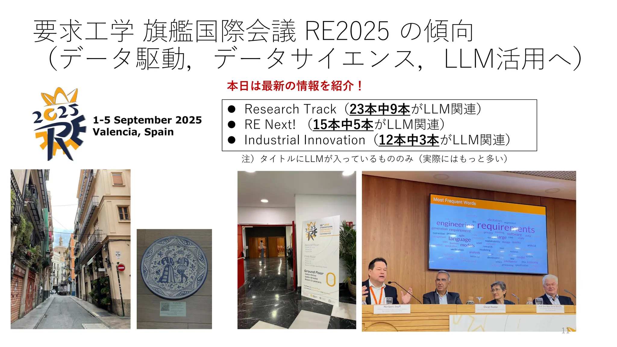 要求工学 旗艦国際会議 RE2025 の傾向
（データ駆動，データサイエンス，LLM活用へ）
⚫ Research Track（23本中9本がLLM関連）
⚫ RE Next! （15本中5本がLLM関連）
⚫ Industrial Innovation（12本中3本がLLM関連）
本日は最新の情報を紹介！
注）タイトルにLLMが入っているもののみ（実際にはもっと多い）
11
 