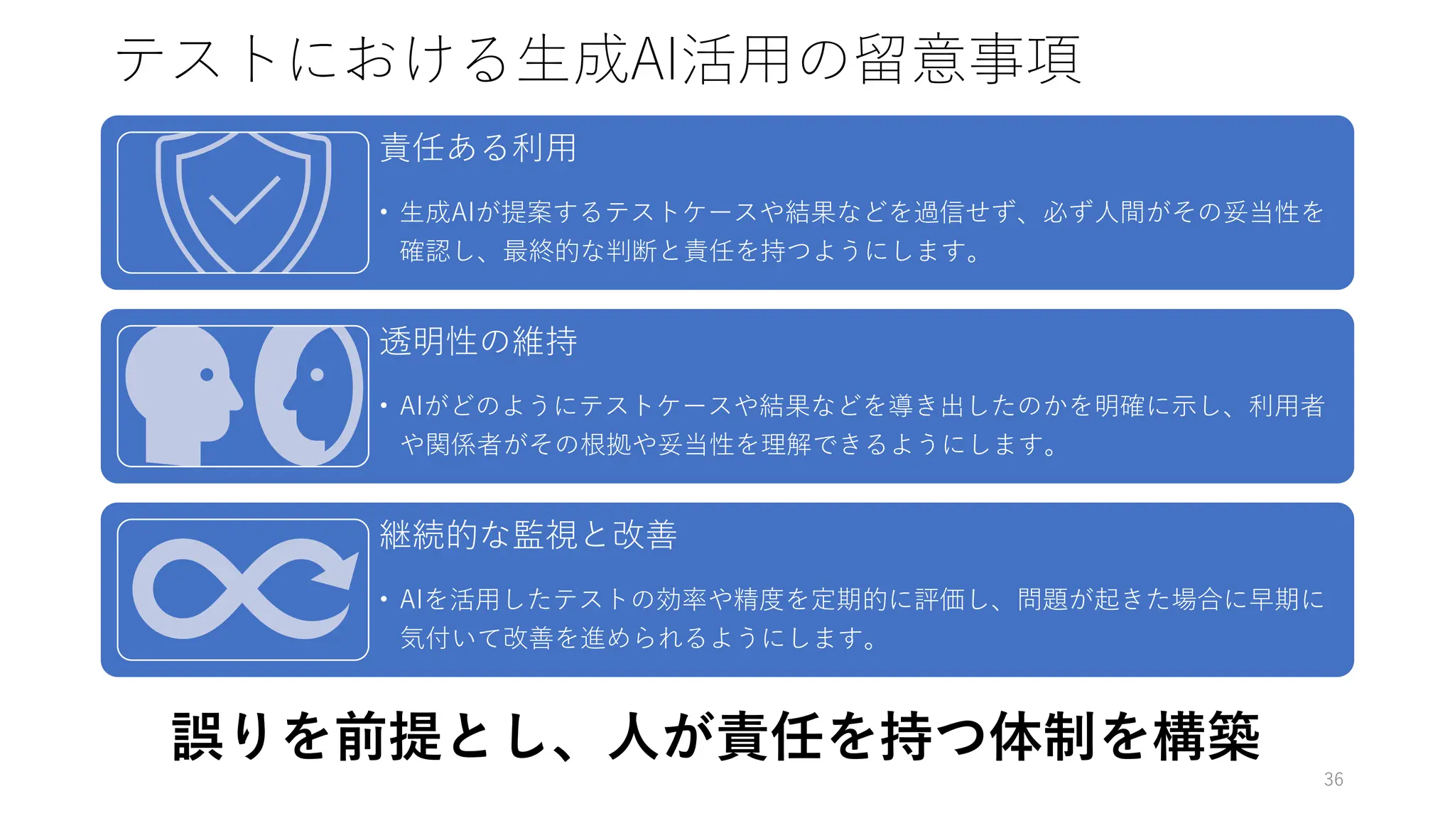 テストにおける生成AI活用の留意事項
責任ある利用
• 生成AIが提案するテストケースや結果などを過信せず、必ず人間がその妥当性を
確認し、最終的な判断と責任を持つようにします。
透明性の維持
• AIがどのようにテストケースや結果などを導き出したのかを明確に示し、利用者
や関係者がその根拠や妥当性を理解できるようにします。
継続的な監視と改善
• AIを活用したテストの効率や精度を定期的に評価し、問題が起きた場合に早期に
気付いて改善を進められるようにします。
36
誤りを前提とし、人が責任を持つ体制を構築
 
