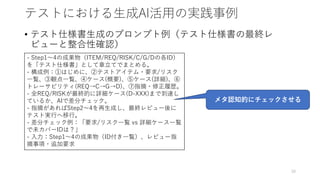 テストにおける生成AI活用の実践事例
• テスト仕様書生成のプロンプト例（テスト仕様書の最終レ
ビューと整合性確認）
39
- Step1～4の成果物（ITEM/REQ/RISK/C/G/Dの各ID）
を「テスト仕様書」として章立てでまとめる。
- 構成例：①はじめに、②テストアイテム・要求/リスク
一覧、③観点一覧、④ケース(概要)、⑤ケース(詳細)、⑥
トレーサビリティ(REQ→C→G→D)、⑦指摘・修正履歴。
- 全REQ/RISKが最終的に詳細ケース(D-XXX)まで到達し
ているか、AIで差分チェック。
- 指摘があればStep2～4を再生成し、最終レビュー後に
テスト実行へ移行。
- 差分チェック例：「要求/リスク一覧 vs 詳細ケース一覧
で未カバーIDは？」
- 入力：Step1～4の成果物（ID付き一覧）、レビュー指
摘事項・追加要求
メタ認知的にチェックさせる
 
