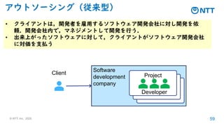© NTT, Inc. 2025 59
Software
development
company Developer
Developer
アウトソーシング（従来型）
• クライアントは，開発者を雇用するソフトウェア開発会社に対し開発を依
頼．開発会社内で，マネジメントして開発を行う．
• 出来上がったソフトウェアに対して，クライアントがソフトウェア開発会社
に対価を支払う
Client Project
Developer
 