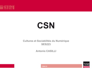CSN
         Cultures et Sociabilités du Numérique
                        SES223

                        Antonio CASILLI




direction ou services       CSN S1
 