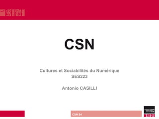 CSN
         Cultures et Sociabilités du Numérique
                        SES223

                        Antonio CASILLI




direction ou services       CSN S4
 