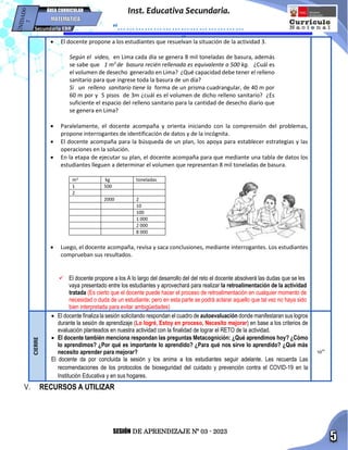 SESIÓN DE APRENDIZAJE Nº 03 - 2023
Inst. Educativa Secundaria.
“……………………………………
…”
Secundaria EBR
ÁREA CURRICULAR
 El docente propone a los estudiantes que resuelvan la situación de la actividad 3.
Según el video, en Lima cada día se genera 8 mil toneladas de basura, además
se sabe que 1 m3
de basura recién rellenada es equivalente a 500 kg. ¿Cuál es
el volumen de desecho generado en Lima? ¿Qué capacidad debe tener el relleno
sanitario para que ingrese toda la basura de un día?
Si un relleno sanitario tiene la forma de un prisma cuadrangular, de 40 m por
60 m por y 5 pisos de 3m ¿cuál es el volumen de dicho relleno sanitario? ¿Es
suficiente el espacio del relleno sanitario para la cantidad de desecho diario que
se genera en Lima?
 Paralelamente, el docente acompaña y orienta iniciando con la comprensión del problemas,
propone interrogantes de identificación de datos y de la incógnita.
 El docente acompaña para la búsqueda de un plan, los apoya para establecer estrategias y las
operaciones en la solución.
 En la etapa de ejecutar su plan, el docente acompaña para que mediante una tabla de datos los
estudiantes lleguen a determinar el volumen que representan 8 mil toneladas de basura.
m3 kg toneladas
1 500
2
2000 2
10
100
1 000
2 000
8 000
 Luego, el docente acompaña, revisa y saca conclusiones, mediante interrogantes. Los estudiantes
comprueban sus resultados.
 El docente propone a los A lo largo del desarrollo del del reto el docente absolverá las dudas que se les
vaya presentado entre los estudiantes y aprovechará para realizar la retroalimentación de la actividad
tratada (Es cierto que el docente puede hacer el proceso de retroalimentación en cualquier momento de
necesidad o duda de un estudiante; pero en esta parte se podrá aclarar aquello que tal vez no haya sido
bien interpretada para evitar ambigüedades)
CIERRE
 El docente finaliza la sesión solicitando respondan el cuadro de autoevaluación donde manifestaran sus logros
durante la sesión de aprendizaje (Lo logré, Estoy en proceso, Necesito mejorar) en base a los criterios de
evaluación planteados en nuestra actividad con la finalidad de lograr el RETO de la actividad.
 El docente también menciona respondan las preguntas Metacognición: ¿Qué aprendimos hoy? ¿Cómo
lo aprendimos? ¿Por qué es importante lo aprendido? ¿Para qué nos sirve lo aprendido? ¿Qué más
necesito aprender para mejorar?
El docente da por concluida la sesión y los anima a los estudiantes seguir adelante. Les recuerda Las
recomendaciones de los protocolos de bioseguridad del cuidado y prevención contra el COVID-19 en la
Institución Educativa y en sus hogares.
10”
IV.
V. V. RECURSOS A UTILIZAR
 