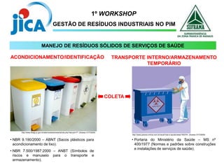 1º WORKSHOP
GESTÃO DE RESÍDUOS INDUSTRIAIS NO PIM
http://www.tibagi.pr.gov.br/site/modules/news/article.php?storyid=77. (Acesso 31/7/2009)
ACONDICIONAMENTO/IDENTIFICAÇÃO
• NBR 9.190/2000 – ABNT (Sacos plásticos para
acondicionamento de lixo).
• NBR 7.500/1987:2000 – ANBT (Símbolos de
riscos e manuseio para o transporte e
armazenamento).
TRANSPORTE INTERNO/ARMAZENAMENTO
TEMPORÁRIO
http://www.parana-online.com.br/canal/vida-e-saude/news/162374/. (Acesso 31/7/2009)
COLETA
• Portaria do Ministério da Saúde – MS nº
400/1977 (Normas e padrões sobre construções
e instalações de serviços de saúde).
MANEJO DE RESÍDUOS SÓLIDOS DE SERVIÇOS DE SAÚDE
 