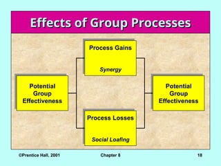 ©Prentice Hall, 2001 Chapter 8 18
Effects of Group Processes
Effects of Group Processes
Potential
Group
Effectiveness
Potential
Group
Effectiveness
Process Losses
Social Loafing
Process Gains
Synergy
 