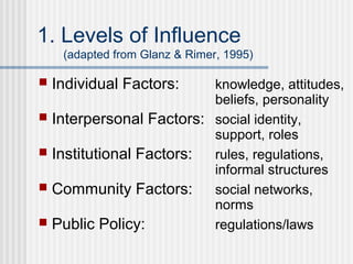 1. Levels of Influence
     (adapted from Glanz & Rimer, 1995)

   Individual Factors:    knowledge, attitudes,
                           beliefs, personality
   Interpersonal Factors: social identity,
                           support, roles
   Institutional Factors: rules, regulations,
                           informal structures
   Community Factors: social networks,
                           norms
   Public Policy:         regulations/laws
 