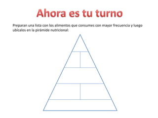 Preparan una lista con los alimentos que consumes con mayor frecuencia y luego
ubícalos en la pirámide nutricional: