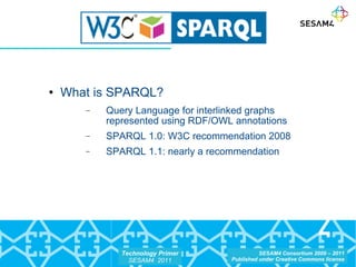 What is SPARQL? Query Language for interlinked graphs represented using RDF/OWL annotations SPARQL 1.0: W3C recommendation 2008 SPARQL 1.1: nearly a recommendation 