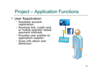 Project – Application Functions


User Registration






Facebook account
registration.
Payment link, credit card
or mobile operator based
payment methods
Provides user profiles to
application supplier.
Gives info about user
behaviour.

10

 
