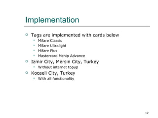 Implementation


Tags are implemented with cards below







Izmir City, Mersin City, Turkey




Mifare Classic
Mifare Ultralight
Mifare Plus
Mastercard Mchip Advance
Without internet topup

Kocaeli City, Turkey


With all functionality

12

 