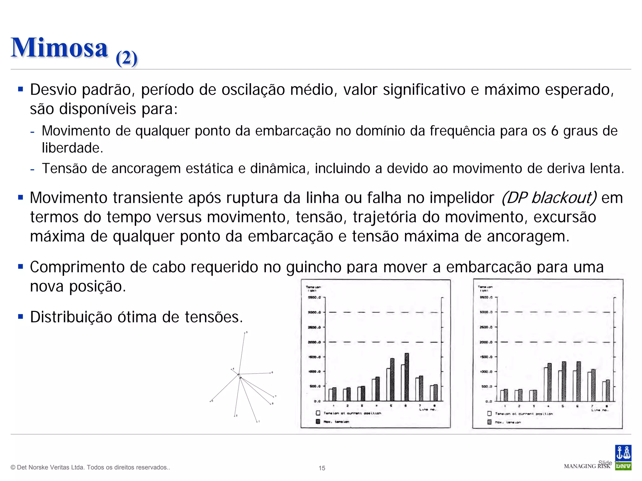 Mimosa (2)
   Desvio padrão, período de oscilação médio, valor significativo e máximo esperado,
    são disponíveis para:
      - Movimento de qualquer ponto da embarcação no domínio da frequência para os 6 graus de
        liberdade.
      - Tensão de ancoragem estática e dinâmica, incluindo a devido ao movimento de deriva lenta.

   Movimento transiente após ruptura da linha ou falha no impelidor (DP blackout) em
    termos do tempo versus movimento, tensão, trajetória do movimento, excursão
    máxima de qualquer ponto da embarcação e tensão máxima de ancoragem.
   Comprimento de cabo requerido no guincho para mover a embarcação para uma
    nova posição.
   Distribuição ótima de tensões.




                                                                                            Slide 15
© Det Norske Veritas Ltda. Todos os direitos reservados..   15
 