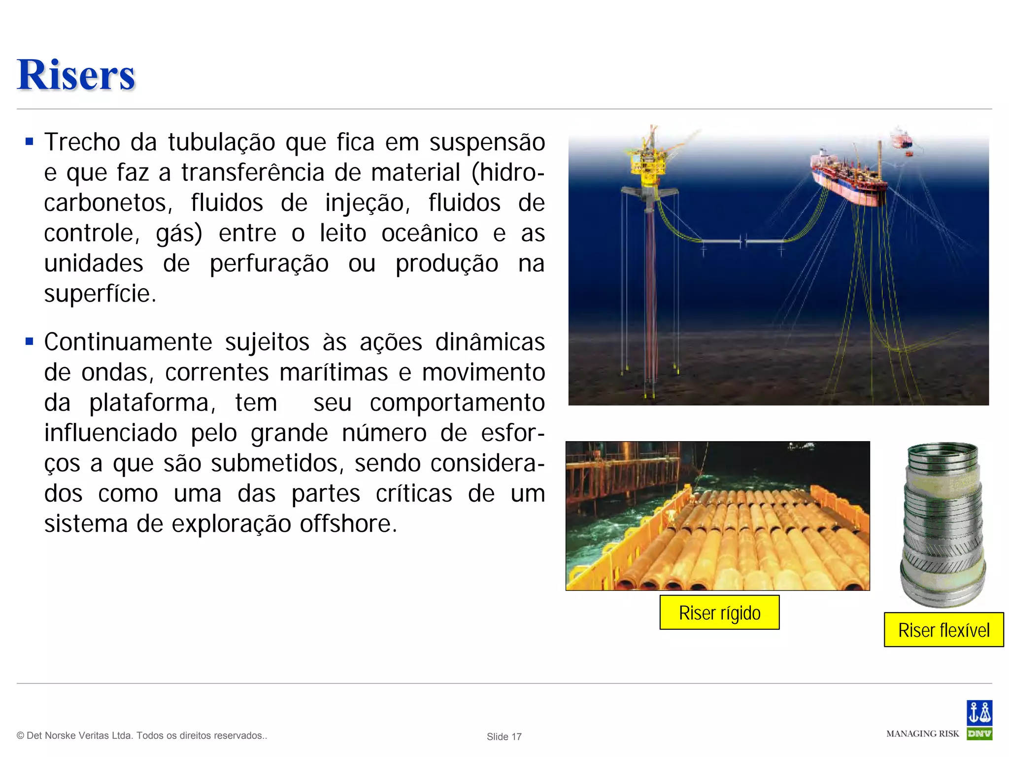 Risers
  Trecho da tubulação que fica em suspensão
   e que faz a transferência de material (hidro-
   carbonetos, fluidos de injeção, fluidos de
   controle, gás) entre o leito oceânico e as
   unidades de perfuração ou produção na
   superfície.
  Continuamente sujeitos às ações dinâmicas
   de ondas, correntes marítimas e movimento
   da plataforma, tem seu comportamento
   influenciado pelo grande número de esfor-
   ços a que são submetidos, sendo considera-
   dos como uma das partes críticas de um
   sistema de exploração offshore.


                                                                       Riser rígido
                                                                                      Riser flexível




© Det Norske Veritas Ltda. Todos os direitos reservados..   Slide 17
 
