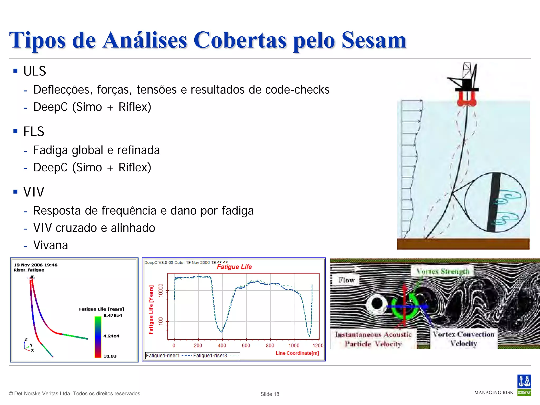 Tipos de Análises Cobertas pelo Sesam
  ULS
      - Deflecções, forças, tensões e resultados de code-checks
      - DeepC (Simo + Riflex)

  FLS
      - Fadiga global e refinada
      - DeepC (Simo + Riflex)

  VIV
      - Resposta de frequência e dano por fadiga
      - VIV cruzado e alinhado
      - Vivana




© Det Norske Veritas Ltda. Todos os direitos reservados..   Slide 18
 