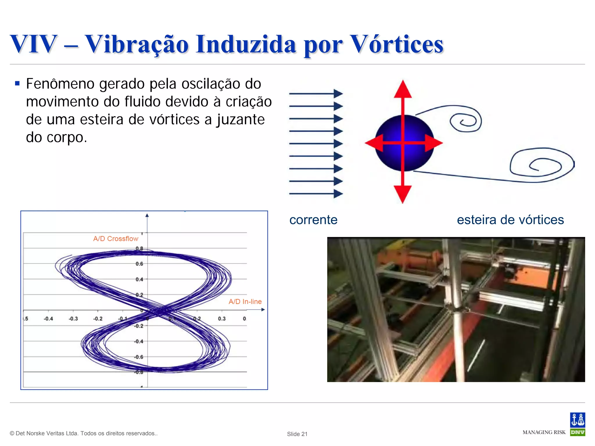 VIV – Vibração Induzida por Vórtices
  Fenômeno gerado pela oscilação do
   movimento do fluido devido à criação
   de uma esteira de vórtices a juzante
   do corpo.




                                                            corrente   esteira de vórtices




© Det Norske Veritas Ltda. Todos os direitos reservados..   Slide 21
 