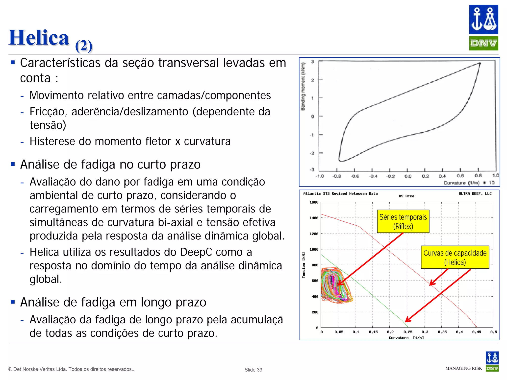 Helica (2)
 Características da seção transversal levadas em
  conta :
     - Movimento relativo entre camadas/componentes
     - Fricção, aderência/deslizamento (dependente da
       tensão)
     - Histerese do momento fletor x curvatura

 Análise de fadiga no curto prazo
     - Avaliação do dano por fadiga em uma condição
       ambiental de curto prazo, considerando o
       carregamento em termos de séries temporais de
                                                                       Séries temporais
       simultâneas de curvatura bi-axial e tensão efetiva                   (Riflex)
       produzida pela resposta da análise dinâmica global.
     - Helica utiliza os resultados do DeepC como a                                  Curvas de capacidade
                                                                                           (Helica)
       resposta no domínio do tempo da análise dinâmica
       global.

 Análise de fadiga em longo prazo
     - Avaliação da fadiga de longo prazo pela acumulaçã
       de todas as condições de curto prazo.


© Det Norske Veritas Ltda. Todos os direitos reservados..   Slide 33
 