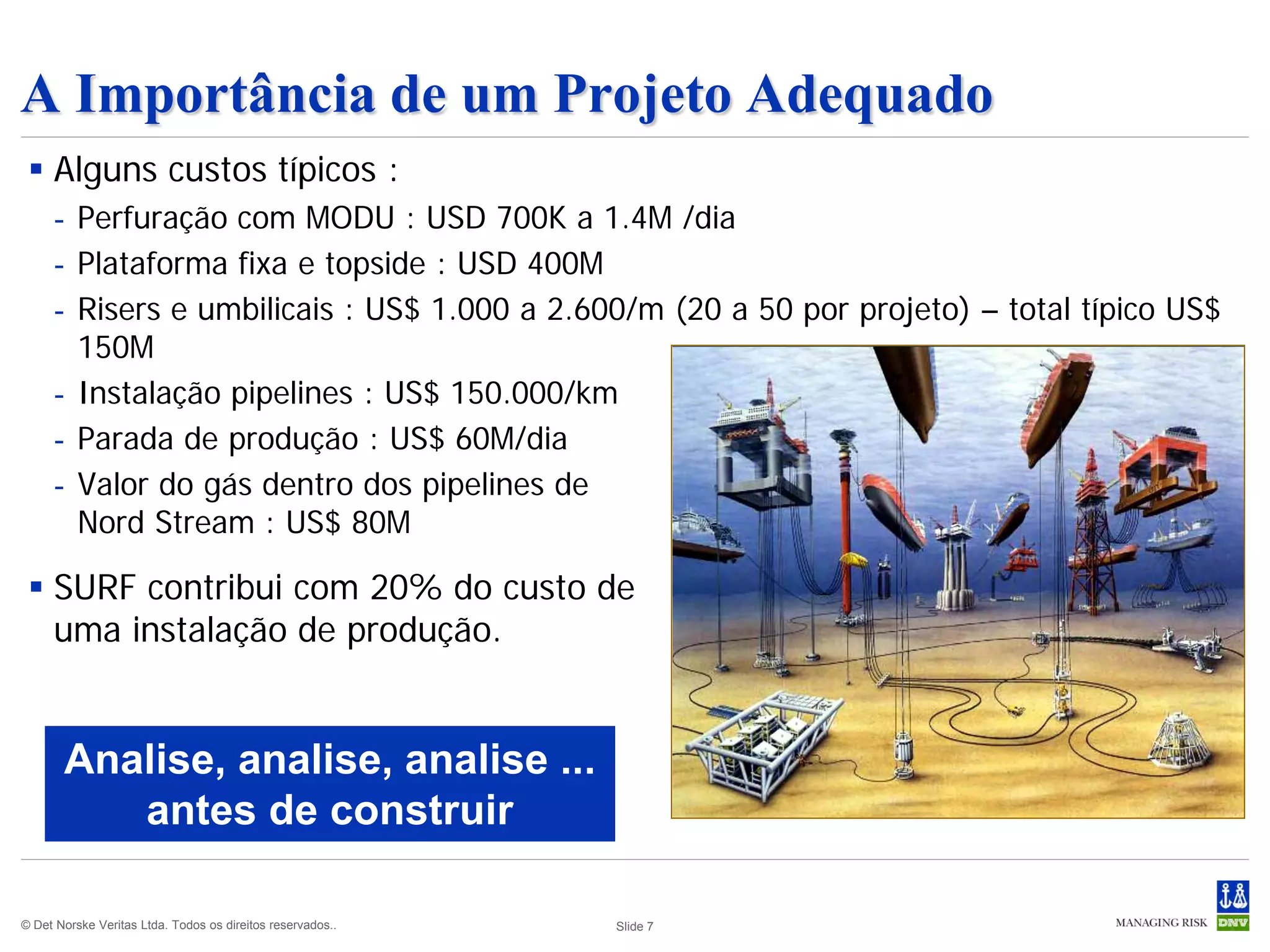 A Importância de um Projeto Adequado
  Alguns custos típicos :
     - Perfuração com MODU : USD 700K a 1.4M /dia
     - Plataforma fixa e topside : USD 400M
     - Risers e umbilicais : US$ 1.000 a 2.600/m (20 a 50 por projeto) – total típico US$
       150M
     - Instalação pipelines : US$ 150.000/km
     - Parada de produção : US$ 60M/dia
     - Valor do gás dentro dos pipelines de
       Nord Stream : US$ 80M

  SURF contribui com 20% do custo de
   uma instalação de produção.


       Analise, analise, analise ...
          antes de construir

© Det Norske Veritas Ltda. Todos os direitos reservados..   Slide 7
 