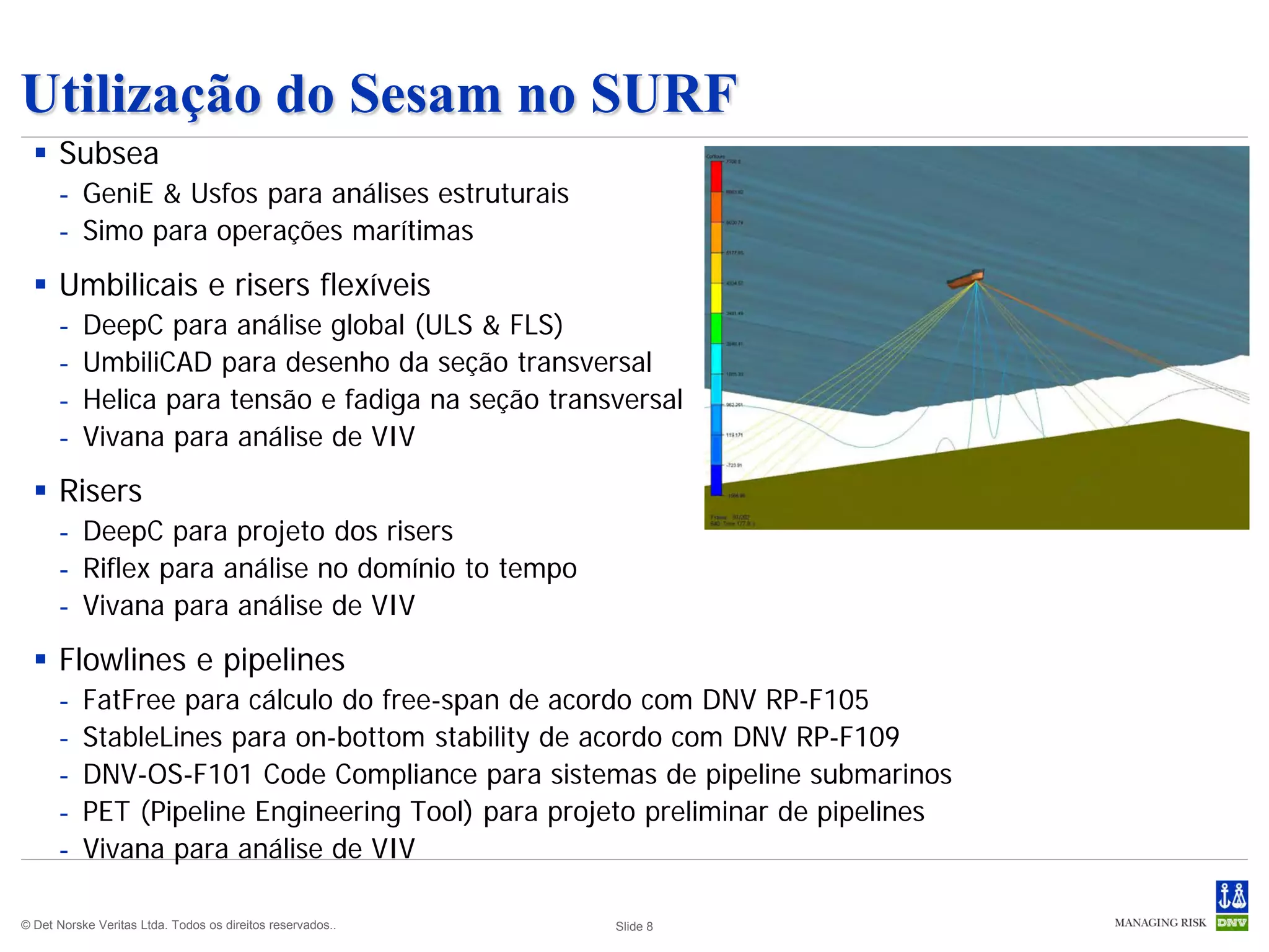 Utilização do Sesam no SURF
   Subsea
      - GeniE & Usfos para análises estruturais
      - Simo para operações marítimas
   Umbilicais e risers flexíveis
      -    DeepC para análise global (ULS & FLS)
      -    UmbiliCAD para desenho da seção transversal
      -    Helica para tensão e fadiga na seção transversal
      -    Vivana para análise de VIV
   Risers
      - DeepC para projeto dos risers
      - Riflex para análise no domínio to tempo
      - Vivana para análise de VIV
   Flowlines e pipelines
      -    FatFree para cálculo do free-span de acordo com DNV RP-F105
      -    StableLines para on-bottom stability de acordo com DNV RP-F109
      -    DNV-OS-F101 Code Compliance para sistemas de pipeline submarinos
      -    PET (Pipeline Engineering Tool) para projeto preliminar de pipelines
      -    Vivana para análise de VIV

© Det Norske Veritas Ltda. Todos os direitos reservados..   Slide 8
 