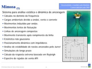 Desenvolvido e mantido pela Marintek.
Mimosa (1)                                                                  Comercializado pela DNV.

  Sistema para análise estática e dinâmica de ancoragem
   Cálculos no domínio da frequência
   Cargas ambientais devido a ondas, vento e corrente
   Movimentos induzidos por ondas
   Movimentos lentos de flutuação
   Linhas de ancoragem compostas
   Movimento transiente após rompimento da linha
   Estatística não gaussiana
   Posicionamento dinâmico com impelidores
   Análise de estabilidade de navios ancorados pelo turret
   Simulações de longo prazo
   Cálculo da resposta extrema baseada em Rayleigh
   Espectro de rajadas de vento API


© Det Norske Veritas Ltda. Todos os direitos reservados..   14
 