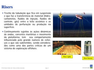 Risers
  Trecho da tubulação que fica em suspensão
   e que faz a transferência de material (hidro-
   carbonetos, fluidos de injeção, fluidos de
   controle, gás) entre o leito oceânico e as
   unidades de perfuração ou produção na
   superfície.
  Continuamente sujeitos às ações dinâmicas
   de ondas, correntes marítimas e movimento
   da plataforma, tem seu comportamento
   influenciado pelo grande número de esfor-
   ços a que são submetidos, sendo considera-
   dos como uma das partes críticas de um
   sistema de exploração offshore.


                                                                       Riser rígido
                                                                                      Riser flexível




© Det Norske Veritas Ltda. Todos os direitos reservados..   Slide 17
 
