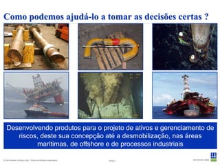 Como podemos ajudá-lo a tomar as decisões certas ?




   Desenvolvendo produtos para o projeto de ativos e gerenciamento de
      riscos, deste sua concepção até a desmobilização, nas áreas
            marítimas, de offshore e de processos industriais

© Det Norske Veritas Ltda. Todos os direitos reservados..   Slide 2
 