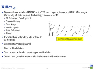 Riflex (2)
  Desenvolvido pela MARINTEK e SINTEF em cooperação com a NTNU (Norwegian
   University of Science and Technology) como um JIP.
      -   BP Petroleum Development
      -   Conoco Norway
      -   Esso Norge
      -   Norske Hydro
      -   Saga Petroleum
      -   Statoil
  Imbatível na velocidade de obtenção
   da solução                                                    diversas configurações de risers

  Excepcionalmente estável
  Grande flexibilidade
  Grande versatilidade para cargas ambientais
  Opera com grandes massas de dados muito eficientemente



                                                                                                    Slide 20
© Det Norske Veritas Ltda. Todos os direitos reservados..   20
 
