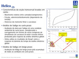 Helica (2)
 Características da seção transversal levadas em
  conta :
     - Movimento relativo entre camadas/componentes
     - Fricção, aderência/deslizamento (dependente da
       tensão)
     - Histerese do momento fletor x curvatura

 Análise de fadiga no curto prazo
     - Avaliação do dano por fadiga em uma condição
       ambiental de curto prazo, considerando o
       carregamento em termos de séries temporais de
                                                                       Séries temporais
       simultâneas de curvatura bi-axial e tensão efetiva                   (Riflex)
       produzida pela resposta da análise dinâmica global.
     - Helica utiliza os resultados do DeepC como a                                  Curvas de capacidade
                                                                                           (Helica)
       resposta no domínio do tempo da análise dinâmica
       global.

 Análise de fadiga em longo prazo
     - Avaliação da fadiga de longo prazo pela acumulaçã
       de todas as condições de curto prazo.


© Det Norske Veritas Ltda. Todos os direitos reservados..   Slide 33
 