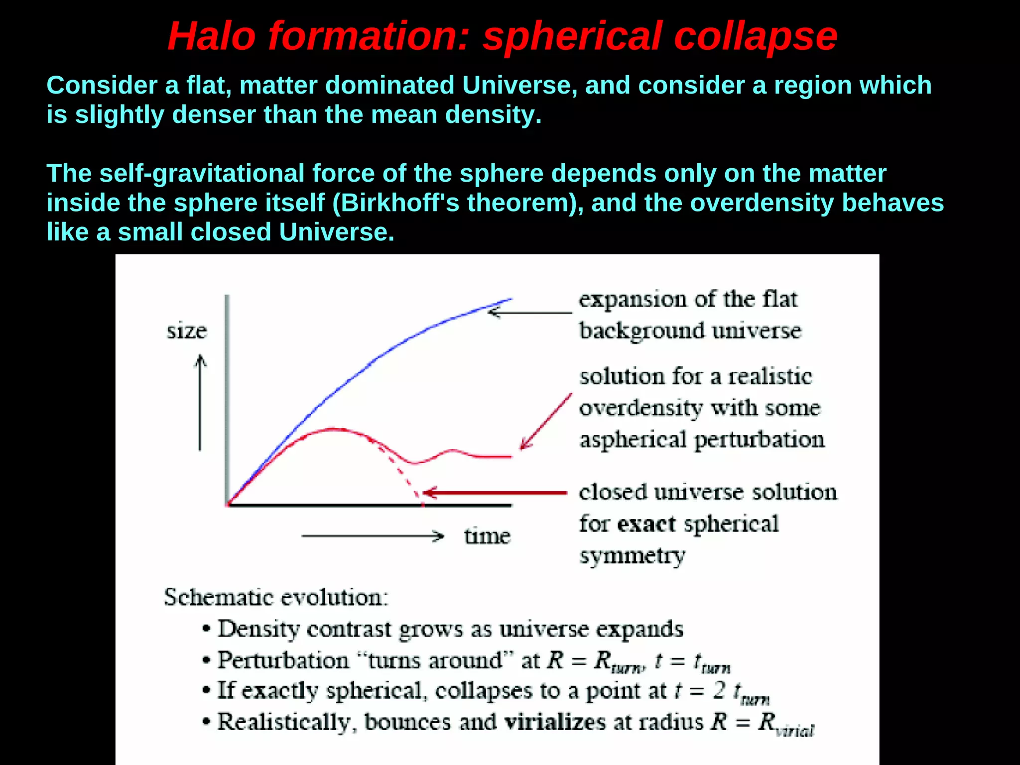 Halo formation: spherical collapseHalo formation: spherical collapse
Consider a flat, matter dominated Universe, and consider a region which
is slightly denser than the mean density.
The self-gravitational force of the sphere depends only on the matter
inside the sphere itself (Birkhoff's theorem), and the overdensity behaves
like a small closed Universe.
 