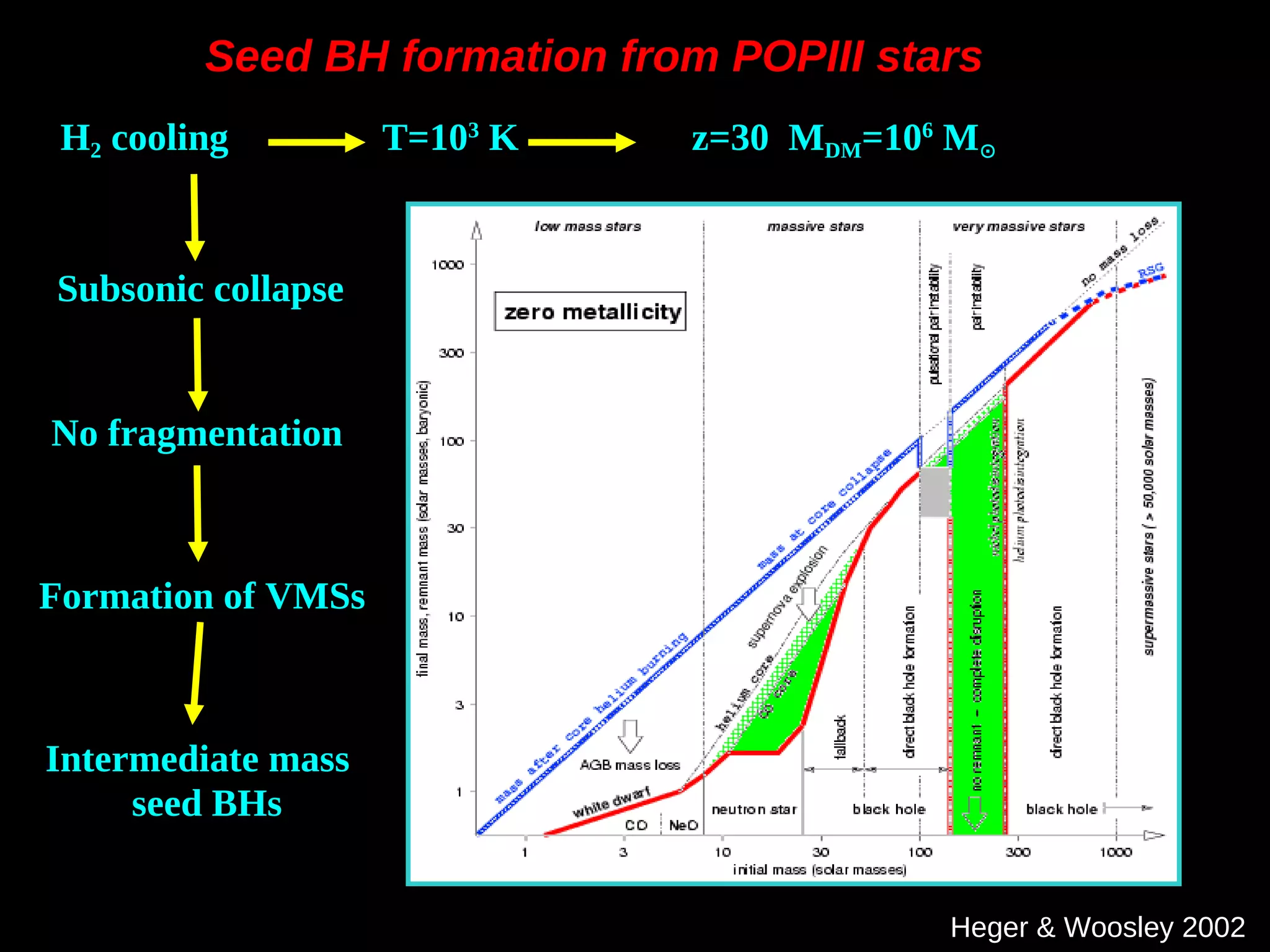 Heger & Woosley 2002
H2 cooling T=103
K z=30 MDM=106
M⊙
Subsonic collapse
No fragmentation
Formation of VMSs
Intermediate mass
seed BHs
Seed BH formation from POPIII stars
 