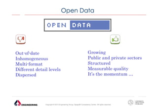 Open Data

Out-of-date
Inhomogeneous
Multi-format
Different detail levels
Dispersed

Growing
Public and private sectors
Structured
Measurable quality
It’s the momentum …

Copyright © 2013 Engineering Group, SpagoBI Competency Center. All rights reserved.

 