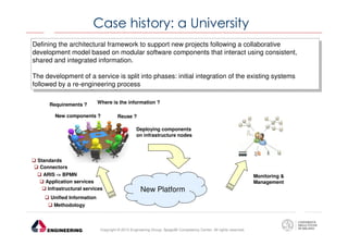 Case history: a University
Defining the architectural framework to support new projects following aacollaborative
Defining the architectural framework to support new projects following collaborative
development model based on modular software components that interact using consistent,
development model based on modular software components that interact using consistent,
shared and integrated information.
shared and integrated information.
The development of aaservice is split into phases: initial integration of the existing systems
The development of service is split into phases: initial integration of the existing systems
followed by aare-engineering process
followed by re-engineering process
Requirements ?

Where is the information ?

New components ?

Reuse ?
Deploying components
on infrastructure nodes

Standards
Connectors
ARIS -> BPMN
Application services
Infrastructural services

Monitoring &
Management

New Platform

Unified Information
Methodology

Copyright © 2013 Engineering Group, SpagoBI Competency Center. All rights reserved.

 