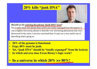 20% kills “junk DNA”	


• 
• 
• 
• 
	


20% of the genome is functional. 	

Ergo, 80% must be junk. 	

Yet, “junk DNA” sho...