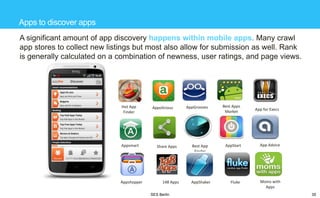 Apps to discover apps
A significant amount of app discovery happens within mobile apps. Many crawl
app stores to collect new listings but most also allow for submission as well. Rank
is generally calculated on a combination of newness, user ratings, and page views.

Hot App
Finder

Appsmart

Appshopper

Appolicious

Share Apps

148 Apps
SES Berlin

AppGrooves

Best Apps
Market

App for Execs

Best App
Finder

AppStart

App Advice

Fluke

Moms with
Apps

AppShaker

35

 