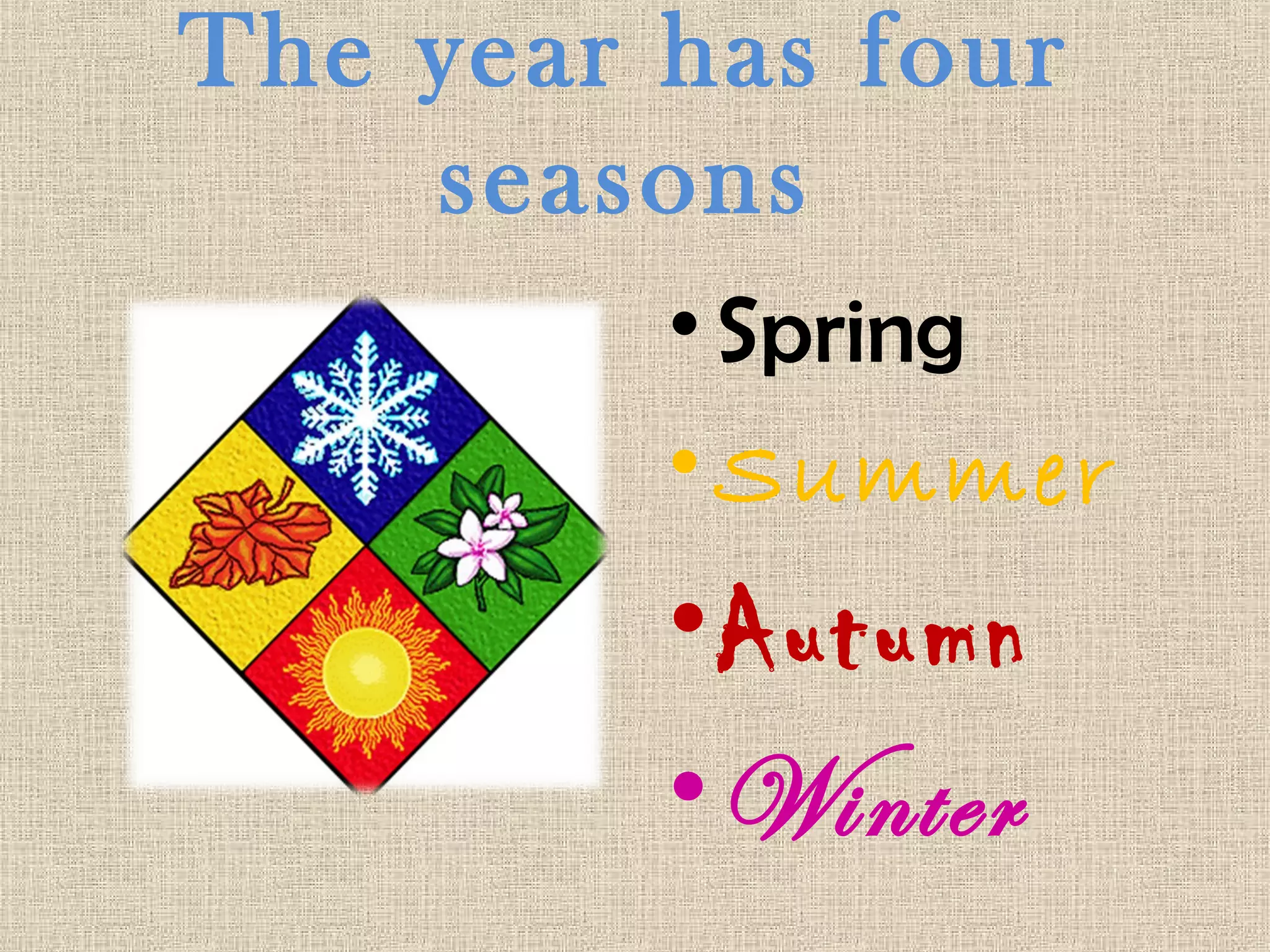 The year has four
    seasons
         • Spring
         • Summer
         • Autumn
         • Winter
 