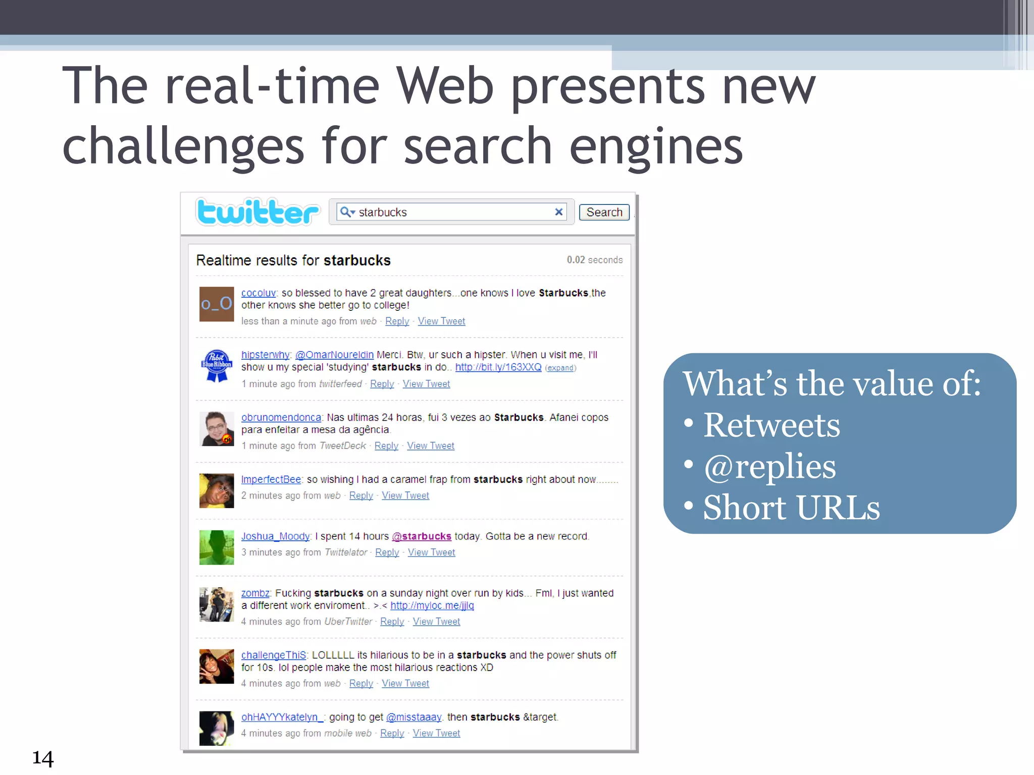 The real-time Web presents new challenges for search engines What’s the value of: Retweets @replies Short URLs 