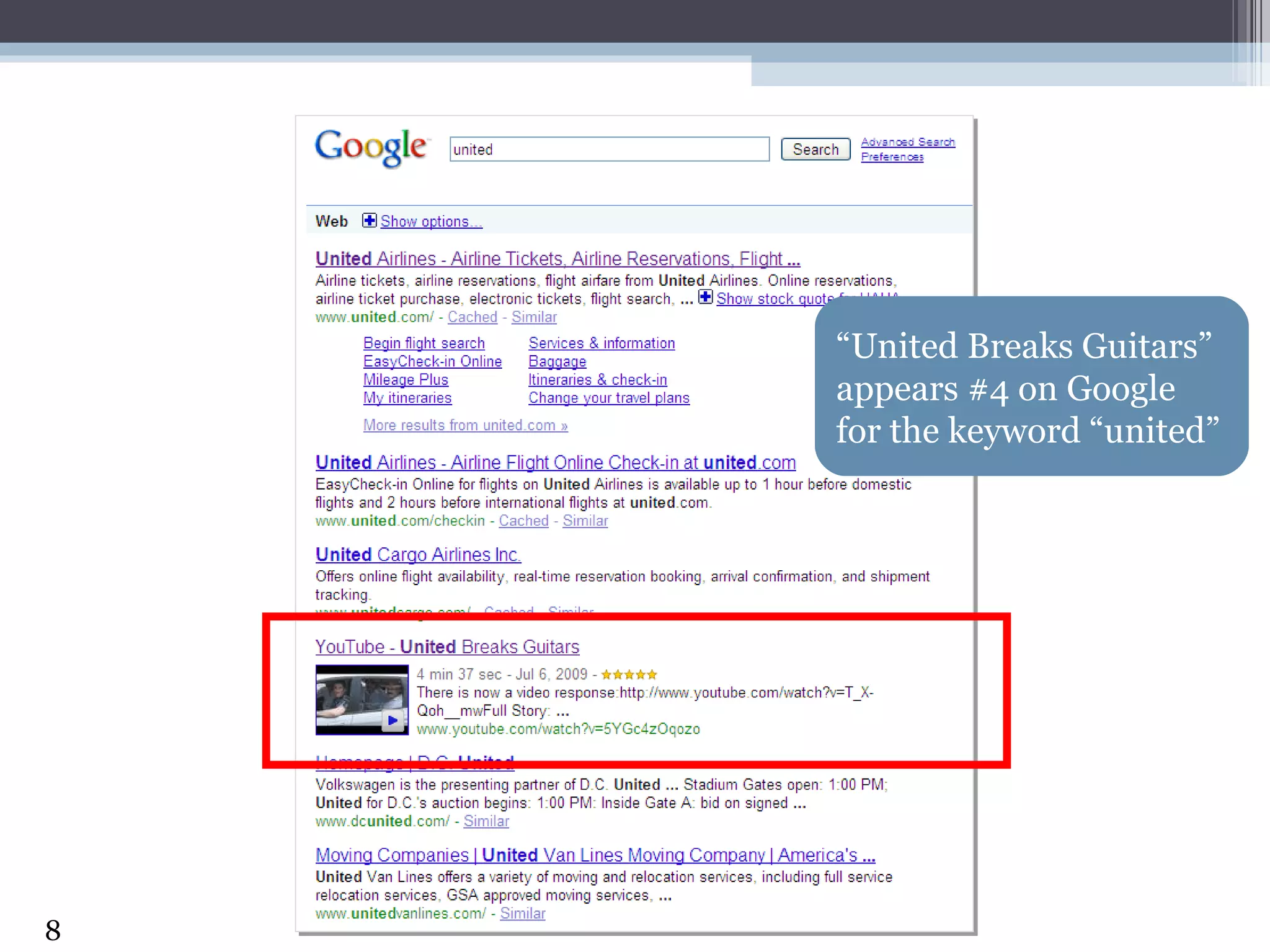 “ United Breaks Guitars” appears #4 on Google for the keyword “united” 