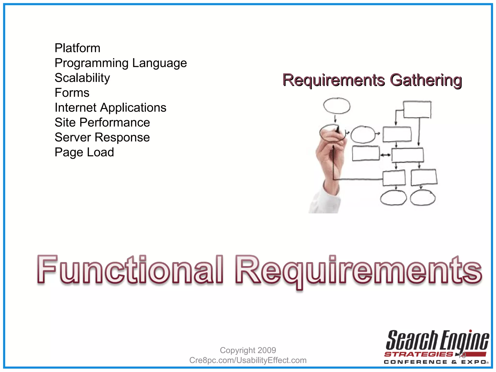 Copyright 2009 Cre8pc.com/UsabilityEffect.com Requirements Gathering Platform Programming Language Scalability Forms Internet Applications Site Performance Server Response Page Load 