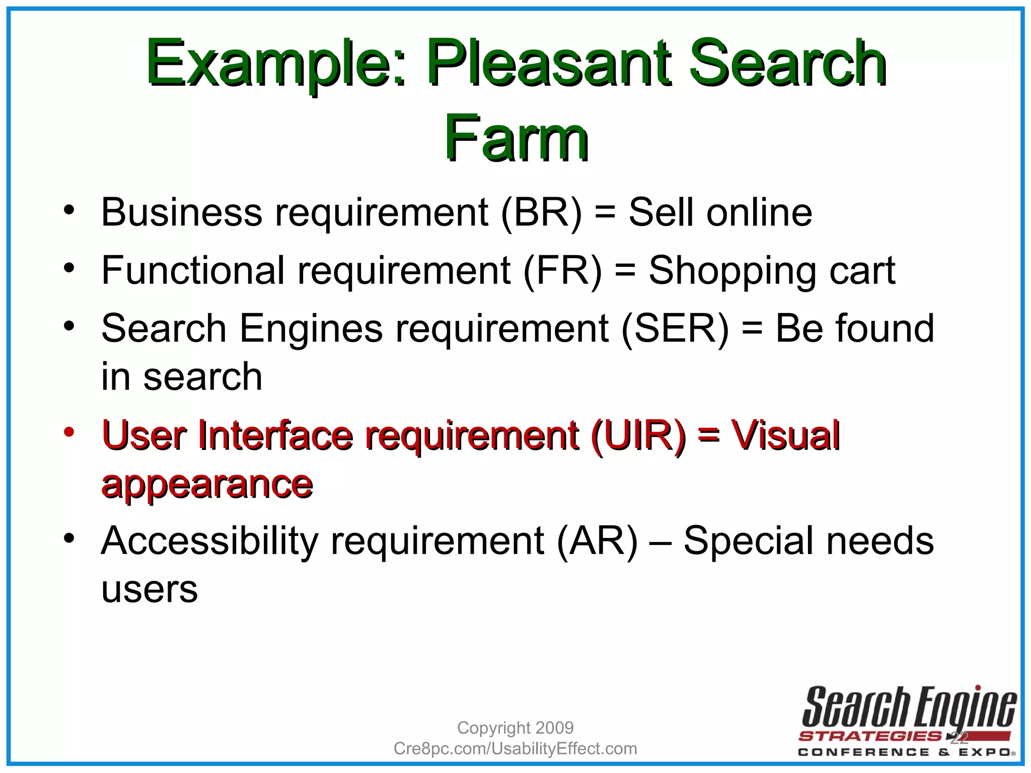 Example: Pleasant Search Farm Business requirement (BR) = Sell online Functional requirement (FR) = Shopping cart Search Engines requirement (SER) = Be found in search User Interface requirement (UIR) = Visual appearance Accessibility requirement (AR) – Special needs users Copyright 2009 Cre8pc.com/UsabilityEffect.com 