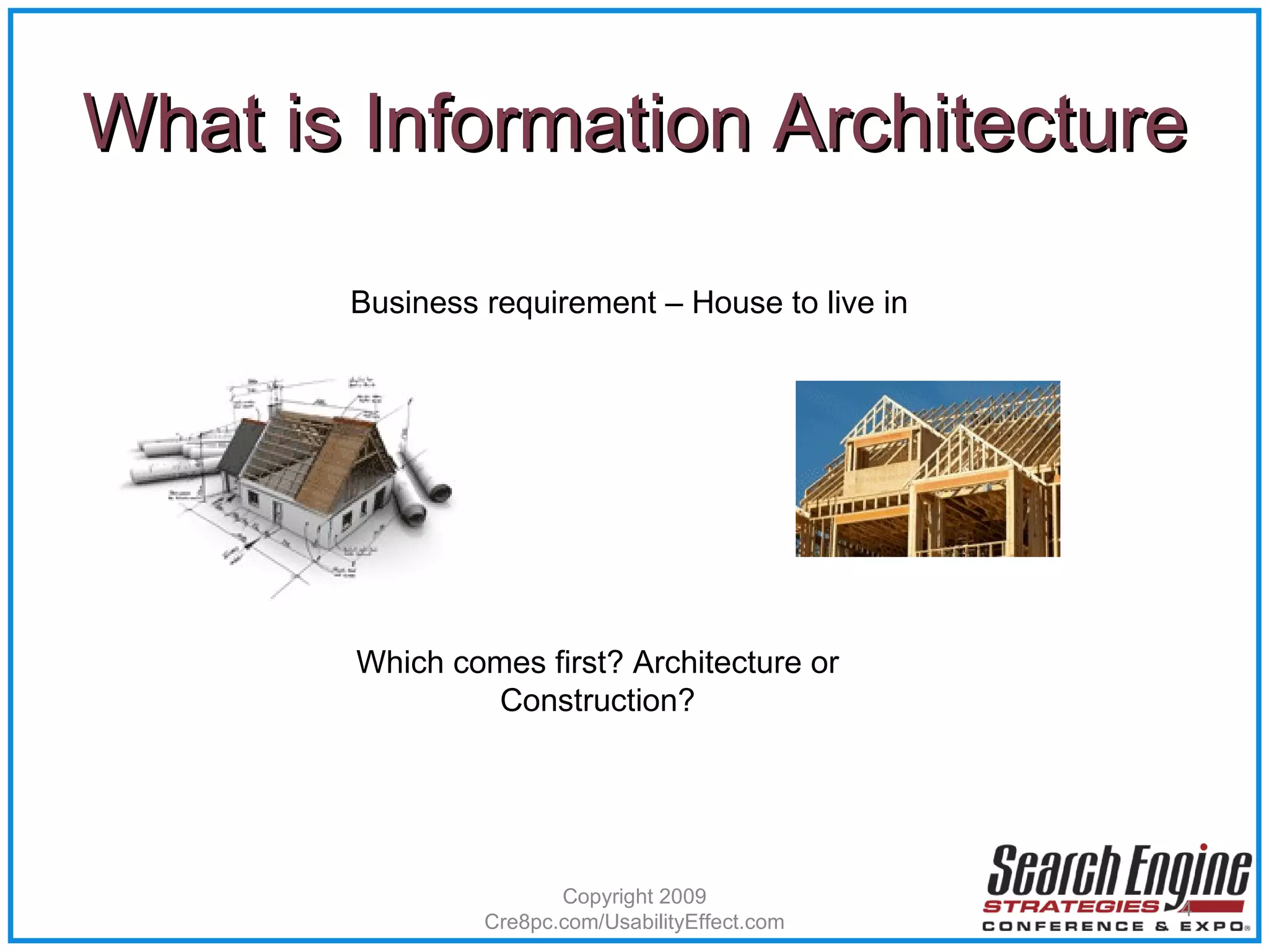 What is Information Architecture Copyright 2009 Cre8pc.com/UsabilityEffect.com Which comes first? Architecture or Construction? Business requirement – House to live in 