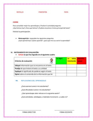 REPOLLO PIMENTON PAPA
CIERRE
Para consolidar mejor los aprendizajes y finalizar la actividad pregunto:
¿Qué leímos hoy? ¿Para qué leímos? ¿Pudiste encontrar el tema principal del texto?
Felicito la participación.
 Metacognición: responden las siguientes preguntas.
¿Qué aprendí hoy? ¿Cómo aprendí? ¿para qué me va a servir lo aprendido?
VI. INSTRUMENTO DE EVALUACIÓN:
 Señala lo que has logrado en el siguiente cuadro
Criterios de evaluación
Lo logré Lo estoy
intentando
Necesito
apoyo
Ubiqué información que se encuentra en el texto.
Predije de que tratará el texto y su utilidad.
Expliqué el significado de palabras según el texto.
Opiné sobre el contenido de la información que leí.
VII. REFLEXIONES DEL APRENDIZAJE:
¿Qué avances tuvieron mis estudiantes?
¿Qué dificultades tuvieron mis estudiantes?
¿Qué aprendizajes debo reforzar en la siguiente sesión?
¿Qué actividades, estrategias y materiales funcionaron, y cuáles no?
----------------------------------------------- ---------------------------------------
FIRMA DIRECTOR FIRMA DOCENTE
 