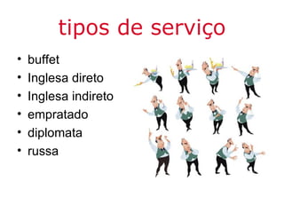 tipos de serviço
•   buffet
•   Inglesa direto
•   Inglesa indireto
•   empratado
•   diplomata
•   russa
 