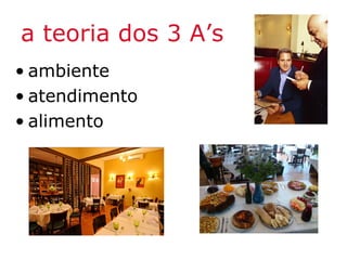 a teoria dos 3 A’s
• ambiente
• atendimento
• alimento
 