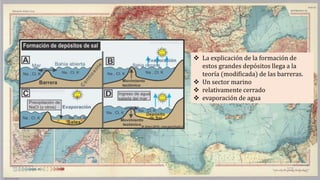  La explicación de la formación de
estos grandes depósitos llega a la
teoría (modificada) de las barreras.
 Un sector marino
 relativamente cerrado
 evaporación de agua
 